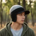 Men's winter warm knitted hat with ear flaps and brim in grey and black colorway - One Size / Color-Block Headphone Style Ear Protection Peaked Cap / Light Gray