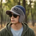 Men's blue and grey knitted winter hat with ear flaps and brim for outdoor warmth - One Size / Color-Block Headphone Style Ear Protection Peaked Cap / Navy Blue