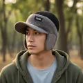 Men's winter warm knit hat with visor and ear protection flaps - One Size / Color-Block Headphone Style Ear Protection Peaked Cap / Black