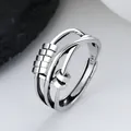 Close-up of a silver spinning anxiety ring with movable beads and S925 hallmark. - Adjustable Open / Hip Hop Geometric Style 1 - Silver