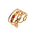 Vista dettagliata di un anello a tre strati in acciaio dorato con smalto rosa e giallo - Stile Colorato a Graffetta con Perline (R2595-11)