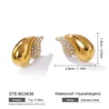Detailed view of gold teardrop earrings with rhinestones and precise measurements. - Droplet Asymmetric Rhinestone Style (STE-BC0636-6200)