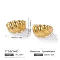 Gold-plated stainless steel croissant earrings with 2.6cm x 1.65cm size and weight specs - Ribbed Croissant Style (STE-BC0690-4800)