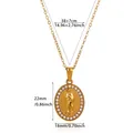 Detailed 18k gold plated stainless steel portrait necklace with size measurements displayed - Oval Virgin Mary With Rhinestones (N07736G)