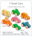 Detail view of seven colorful wooden toy cars with dimensions and weight specs. - 7 Beechwood Cars