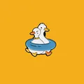 Detailed close-up of a cute metal enamel pin featuring two white ducks in a blue swim ring. - Swim Ring Duck