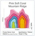 Detail view of 7-piece wooden coral stacker toy showing dimensions 19.5x15.5x7cm - Coral