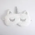 Soft white plush unicorn sleep mask with silver glitter eyelashes and horn for travel. - Silver Unicorn White