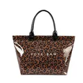 Stylish large capacity leopard print PVC tote bag with glossy finish and handles - Leopard Print Black