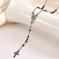Détail du collier chapelet noir en acier inoxydable avec Vierge Marie et pendentif croix. - Acier inoxydable 304 / Black Virgin Mary