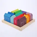 Educational colorful wooden rainbow house building blocks set in a natural wooden tray - Beech House