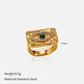Detailed view of gold evil eye ring with 17mm diameter and material specifications info - Size 6 / Rectangular Green Natural Stone Style (YHTSR-2501315)