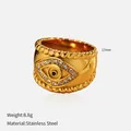 Macro view of a gold-plated stainless steel evil eye ring with crystal embellishments - Size 6 / Evil Eye Rope Pattern Style (YHTSR-2501314)