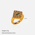 Detail view of retro gold-plated stainless steel evil eye ring with dimensions - Size 6 / Blue Natural Stone Pupil Style (YHTSR-2501313)