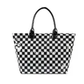 Stylish black and white checkerboard PVC tote bag featuring large capacity shopper design - Black and White Plaid