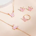 Elegant pink butterfly jewelry set including necklace bracelet stud earrings and ring - Pink Butterfly Jewelry Collection