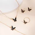 Elegant black butterfly jewelry set with gold-tone necklace bracelet earrings and ring - Black Butterfly Jewelry Collection