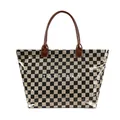 Vintage checkerboard PVC tote bag with brown handles and white TOTE BAG print detail - Khaki Checkerboard Brown Handle