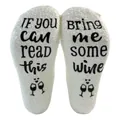 Soft white coral fleece floor socks with 'Bring me some wine' anti-slip text detail. - One Size / White