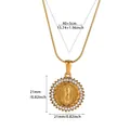 18k gold plated stainless steel portrait pendant necklace with length measurements - Round Portrait With Rhinestones (N07744G)