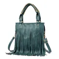 Borsa a mano verde scuro di grande capacità con lunghe frange e manico intrecciato - Blu