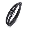 Detalle de pulsera de doble capa de cuero trenzado negro con cierre magnético. - Negro / 45cm