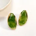Irregular green resin stud earrings with a sleek gold-tone metal frame for women. - Army Green
