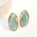Elegant irregular light blue marble resin stud earrings with gold-plated metallic trim - Light Blue