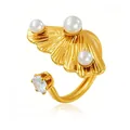 Elegant gold ginkgo leaf adjustable open ring with white pearls and sparkling zircon - Pearl Rhinestone Fan Leaf Style (GJ003) / Adjustable Open / Gold