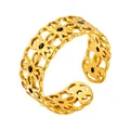 Elegant gold stainless steel open ring with cutout flower pattern and black stones - Hollow Flower Black Decoration Style (GJ004) / Adjustable Open / Gold
