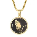 Hochwertige goldene Edelstahlkette mit einem runden Anhänger mit betenden Händen - 02-Gold
