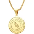 Gold plated stainless steel round pendant necklace featuring engraved praying hands and prayer text - 01-Gold