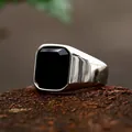 Men's retro silver ring featuring a large square black agate stone in punk style - Size 6 / Silver