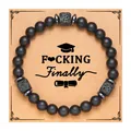 Handmade matte black beaded bracelet with square lava stone and graduation message card - Finally Card (Finally Card + Black Matte Lava Stone Bracelet)