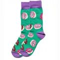 Detailed view of vibrant teal mid-calf socks featuring a fun and colorful donut pattern - Universal Fit / Donut Blue