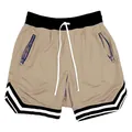 Khaki breathable mesh basketball training shorts with zipper pockets and striped hem - S / Khaki