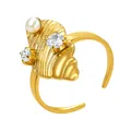 Goldfarbener Edelstahlring in unregelmäßiger Herzform mit Perle und glänzenden Kristallen - Herz Perle Strass Stil (GJ007) / Einstellbar Offen / Gold