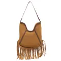 Vintage μποέμ καφέ τσάντα με κρόσσια, hobo tote bag με ανάγλυφο σχέδιο ήλιου κομψό - Καφέ