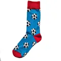 Stylish men's mid-calf cotton crew socks featuring a vibrant blue and red soccer ball pattern. - Universal Fit / Soccer Blue