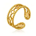 Vergoldeter offener Ring aus Edelstahl mit Perlenband und geometrischen Quadraten - Dreischichtiger Perlender Geometrischer Stil (GJ010) / Einstellbar Offen / Gold