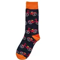 Dark blue cotton mid-calf socks featuring a red bicycle pattern with orange accents. - Universal Fit / Orange Bicycle