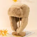 Gorro de invierno ushanka de felpa caqui con orejeras para protección contra el viento - Talla única / Caqui