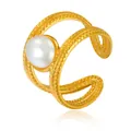 Eleganter goldener Edelstahlring mit Wellenform und großer weißer Perle - Gj014
