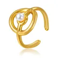Eleganter vergoldeter Edelstahl-Herzring mit unregelmäßigen Linien und weißer Perle - GJ015