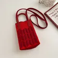 Red contrast color knitted crossbody phone bag with unique geometric pattern strap - Silicone Phone Case #25