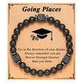 Men's matte black beaded bracelet with lava stone cubes and graduation themed gift card - Places Card (Places Card + Black Matte Lava Stone Bracelet)