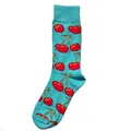 Teal mid-calf cotton socks with vibrant red cherry pattern for men and women - Universal Fit / Cherry Blue