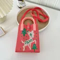 Korean style pink knitted crossbody phone bag with cute white fawn pattern and strap - Silicone Phone Case #26