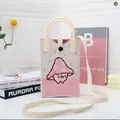 Minimalist pink and white knitted mushroom phone bag with top handles and long strap - Silicone Phone Case #29