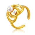Exquisiter vergoldeter Edelstahlring mit unregelmäßigen Linien und eleganten doppelten Perlen - Gj026 Gold